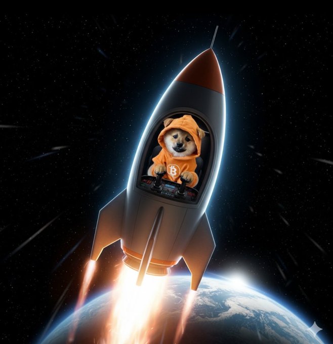 An AI-generated image of a Shiba Inu dog wearing a Bitcoin-themed hoodie piloting a rocket through space with Earth visible below.
