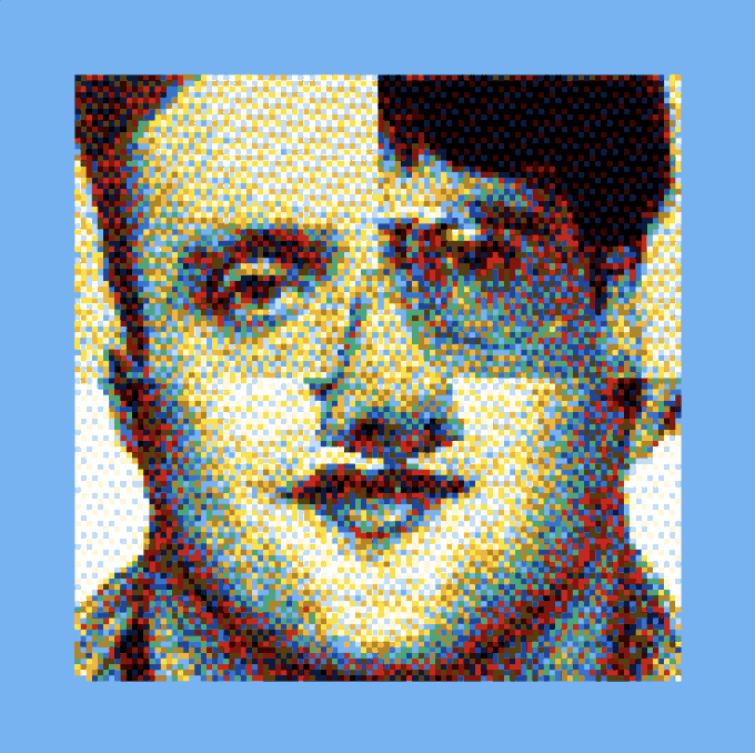 A pixelated/mosaic-style pop art portrait of a man's face in yellow, red, blue, and black colors on a light blue background.