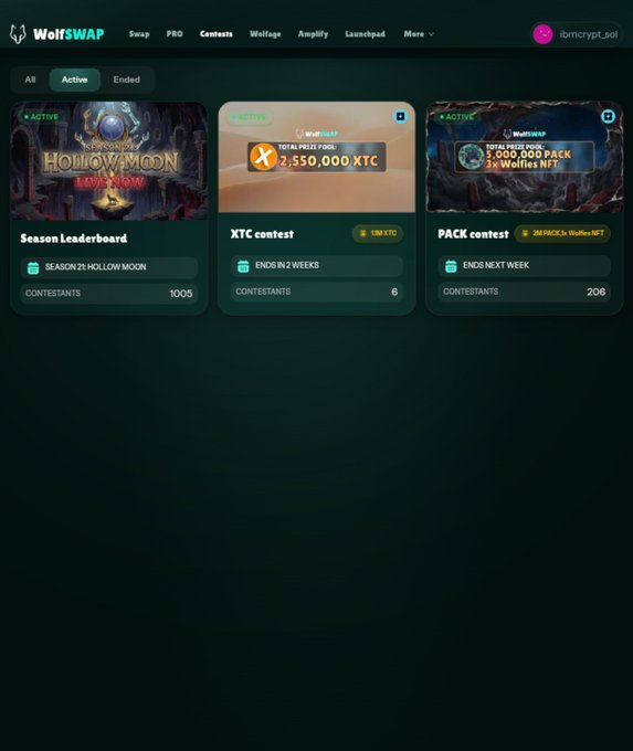A screenshot of the WolfSwap crypto platform interface showing three active contests: 'Season Leaderboard' with 1005 contestants, 'XTC contest' with a prize pool of 2,550,000 XTC, and 'PACK contest' with 206 contestants.
