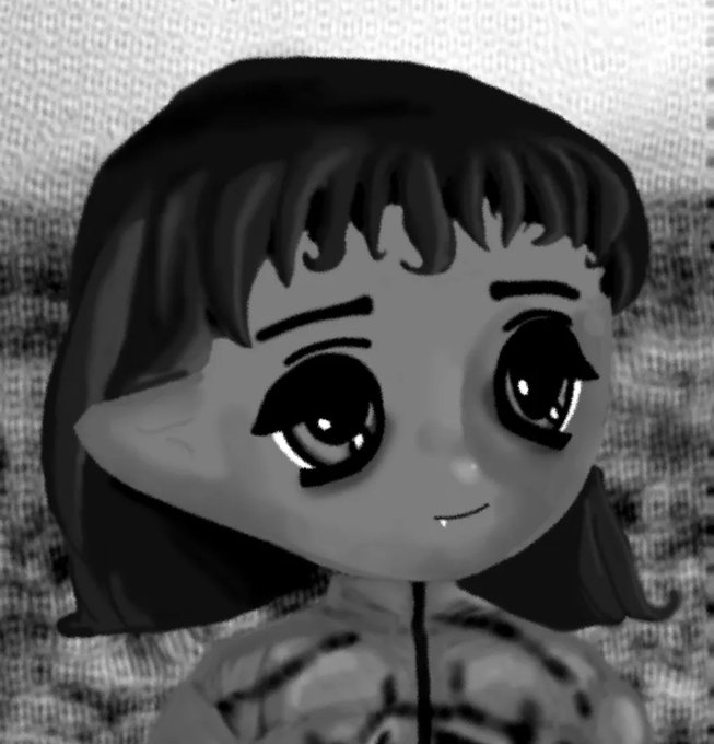 A black-and-white close-up portrait of an anime-style character with large eyes, dark hair, pointed ears, and a slight smile, wearing what appears to be a patterned hoodie.