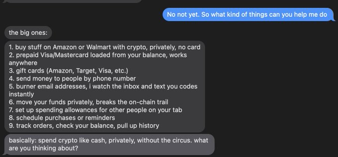 A text message conversation listing ways to spend cryptocurrency, including buying from Amazon/Walmart, prepaid Visa/Mastercard, gift cards, burner emails, private fund transfers, spending allowances, and order tracking.