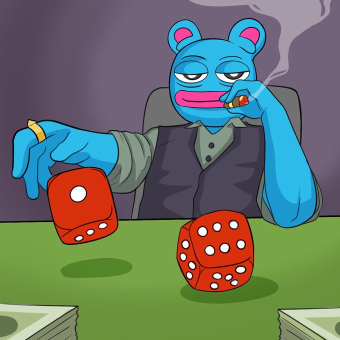 A blue cartoon frog character with a confident smirk smokes a cigar while tossing red dice across a green table, with stacks of cash visible on either side, symbolizing high-stakes gambling and speculative risk-taking. The image visually reinforces the post's message about the $brett community's quiet but risky strategy of "DCAing AND gambling" as they wager on the token's potential breakout.