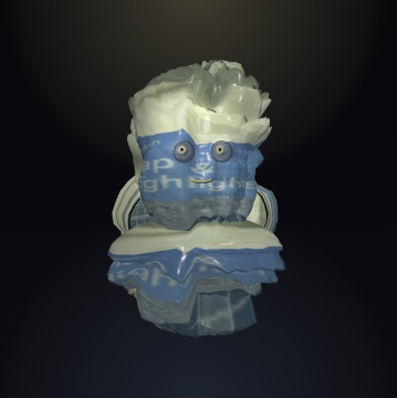 A 3D rendered bust of a character with light-colored spiky hair and wide blue eyes, displaying a toothy smile against a dark background.
