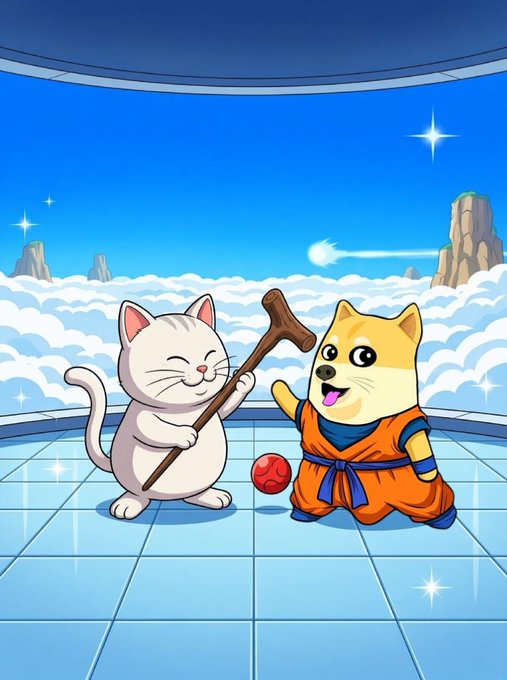 A cartoon illustration featuring a white cat holding a wooden stick and a Shiba Inu wearing an orange martial arts outfit, standing together on a tiled platform surrounded by clouds and stars.