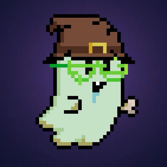 Pixel art illustration of a green zombie or ghost character with an angry expression, drool, and brown eyes, wearing a brown hat.