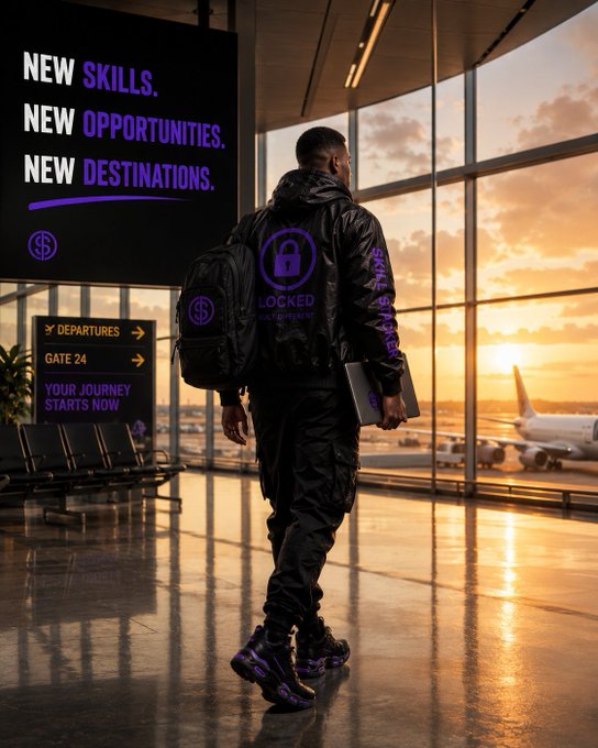 A man in a black outfit with 'LOCKED' and '$' logos stands in an airport at sunset, with a sign reading 'NEW SKILLS. NEW OPPORTUNITIES. NEW DESTINATIONS.'