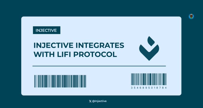 A graphic announcement stating 'INJECTIVE INTEGRATES WITH LIFI PROTOCOL' designed to look like a boarding pass, branded with the Injective logo.
