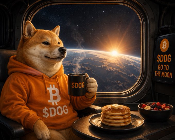 A digital illustration of a Shiba Inu dog in an orange Bitcoin hoodie holding a mug labeled '$DOG' while looking out a spaceship window at Earth, with text '$DOG GO TO THE MOON' on the side.