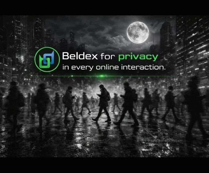 A promotional graphic with a dark cityscape and full moon background, featuring the Beldex logo and the tagline 'Beldex for privacy in every online interaction.'