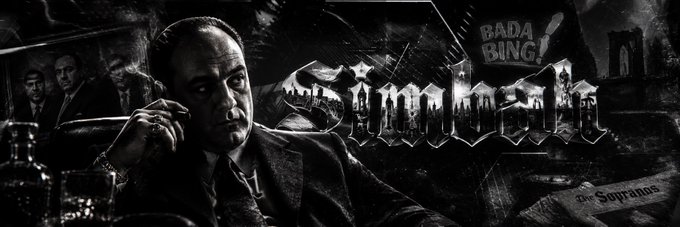 A black and white banner for "The Sopranos" featuring Tony Soprano on the phone, with the title logo styled with the New York City skyline.