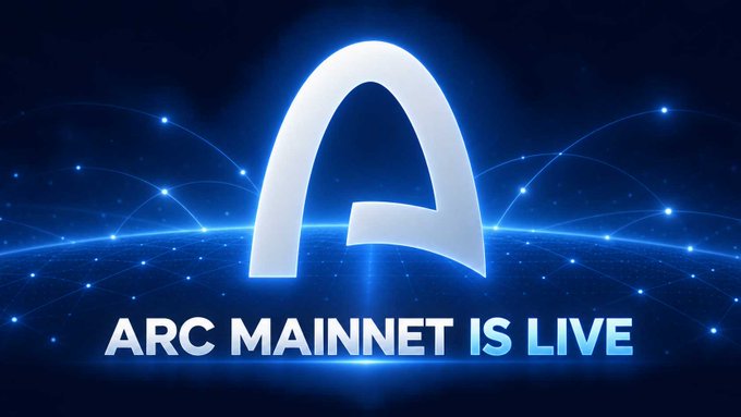 A glowing blue and white "A" logo is displayed above the text "ARC MAINNET IS LIVE" against a starry, cosmic background, announcing the official launch of the Arc mainnet blockchain network.
