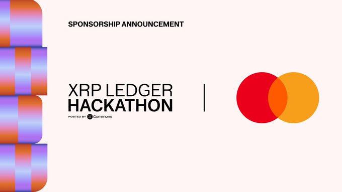 A sponsorship announcement graphic featuring the XRP Ledger Hackathon logo alongside the Mastercard logo on a light pink background, with colorful gradient rectangles decorating the left side. The image visually reinforces the news of Mastercard's sponsorship of the XRP Ledger Hackathon hosted by Ctrl/Shift on October 24th in New York.