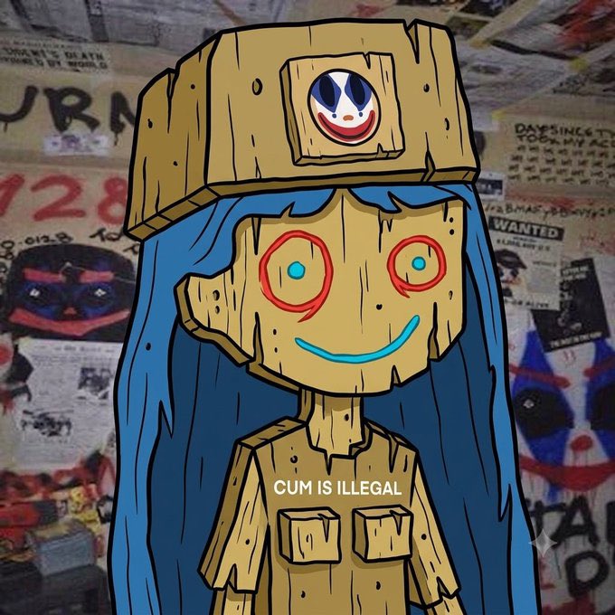 A cartoonish wooden figure with blue hair and red spiral eyes features a target-like eye on its hat and the text "CUM IS ILLEGAL" on its chest, set against a graffiti-covered wall background. The image appears to celebrate the NFT win on the Robinhood blockchain, with the wooden character likely representing the @RobinWoodPlank NFT mentioned in the post.