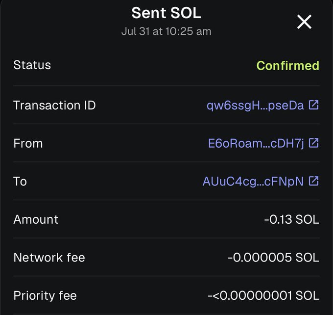 A mobile wallet confirmation screen shows a "Sent SOL" transaction with a status of "Confirmed," dated Jul 31 at 10:25 am, for an amount of -0.13 SOL from address E6oRoam...cDH7j to AUuC4cg...cFNpN, with negligible network and priority fees.
