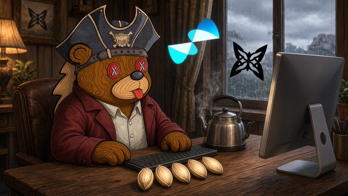 A digital illustration of a brown bear character wearing a pirate hat and red jacket, sitting at a desk with a computer monitor, a steaming kettle, and seeds in front of it, with butterfly and hourglass icons floating nearby.