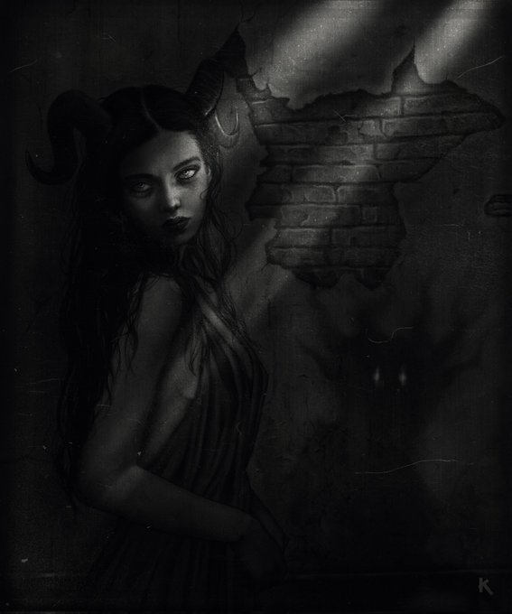 The image features a woman with long hair, dressed in a dress, standing against a brick wall. The woman has her back turned towards the viewer, giving an impression of mystery or intrigue. The photo appears to be black and white, adding to its dramatic effect. The caption below the image reads "GM beautiful creators Keep creating!! Where the Shadow learns My Name". This message seems to be related to the artist's work, possibly discussing their creative process or the inspiration behind their art.