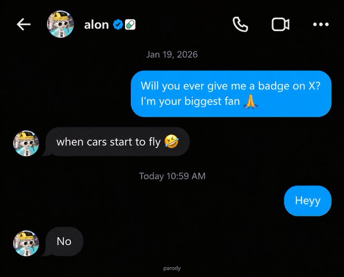 A screenshot of a parody DM exchange shows a user asking verified user "alon" (likely referencing Elon Musk, A1lon9) for a badge on X, receiving the dismissive reply "when cars start to fly 😂," which humorously ties into the post's mention of an airdrop and encourages followers to share their pumpfun nicknames for the rumored drop.