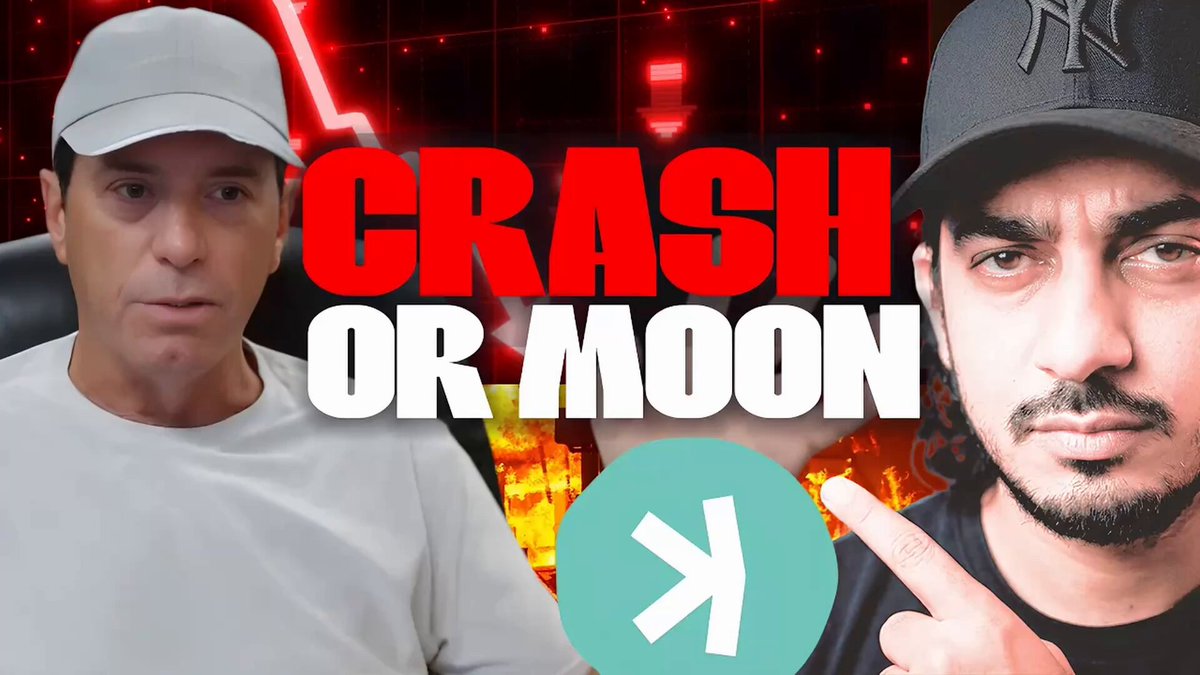 The image features two men wearing baseball caps with the text "CRASH OR MOON" written above them. One man has his hand raised in the air, while the other man has a finger pointing at him. The background of the image is dark red, and there are some texts that read "@Kaspa_HypeMan discussing latest $KAS news with @xximpod". This suggests that they might be talking about an interesting use case for Kaspa or discussing the latest developments in cryptocurrency markets.
