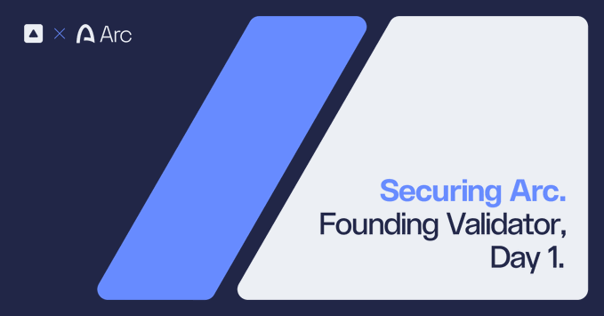 A promotional graphic featuring the Arc logo and branding "Securing Arc. Founding Validator, Day 1." alongside Fireblocks and Arc logos, announcing Fireblocks as a founding validator of Circle's Arc network ahead of its September 16 mainnet launch.