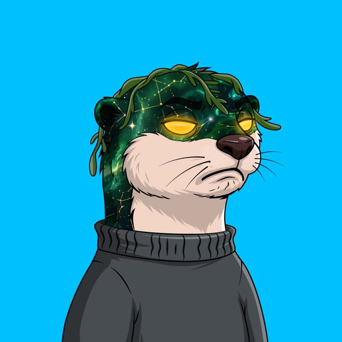 A digital illustration of an anthropomorphic cat or weasel character with a galaxy/cosmic pattern fur on its head, glowing yellow eyes, wearing a dark gray sweater against a bright blue background.