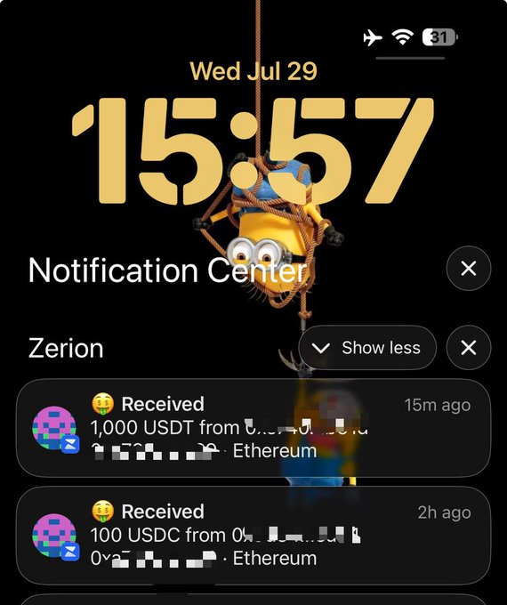 An iOS Notification Center screenshot showing two recent Zerion crypto wallet alerts—a Received 1,000 USDT transfer on Ethereum (15m ago) and a Received 100 USDC transfer on Ethereum (2h ago)—dated Wed Jul 29 at 15:57, visually supporting the post's claim of "$1100+ profit in mins" from quick Web3 transactions.