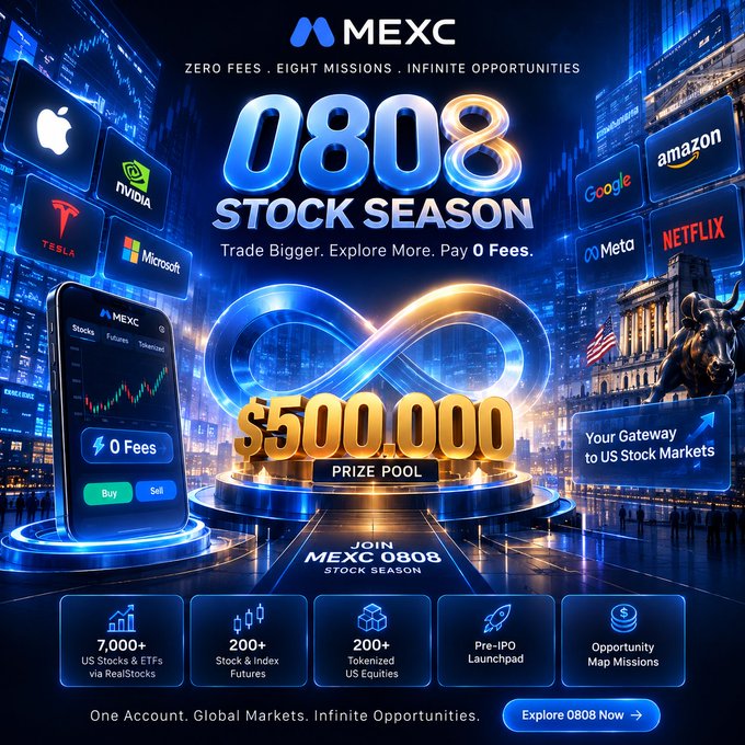 A promotional advertisement for MEXC '0808 STOCK SEASON' featuring a $500,000 prize pool, zero fees, and logos for Apple, NVIDIA, Tesla, Microsoft, Google, Meta, Amazon, and Netflix.