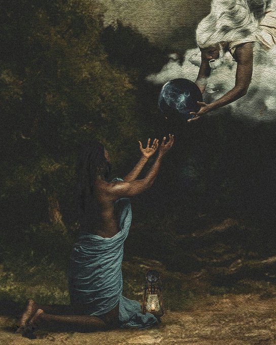 A moody, dark painting depicting a kneeling figure in a blue robe reaching up toward a glowing orb held by a figure emerging from clouds above, with a lantern resting on the ground beside them.