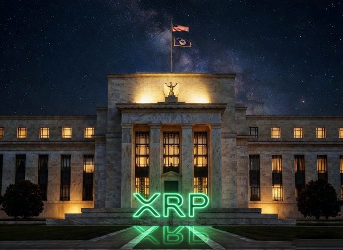 The Federal Reserve building is illuminated at night beneath a starry sky with an American flag, featuring glowing green 'XRP' text and a reflection below.