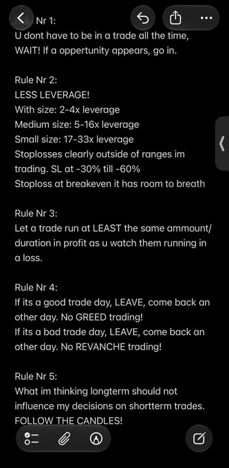 A screenshot of a notes app displaying five trading rules, including "LESS LEVERAGE!" with leverage ranges for different account sizes, and advice against greed or revenge trading, ending with "FOLLOW THE CANDLES!".