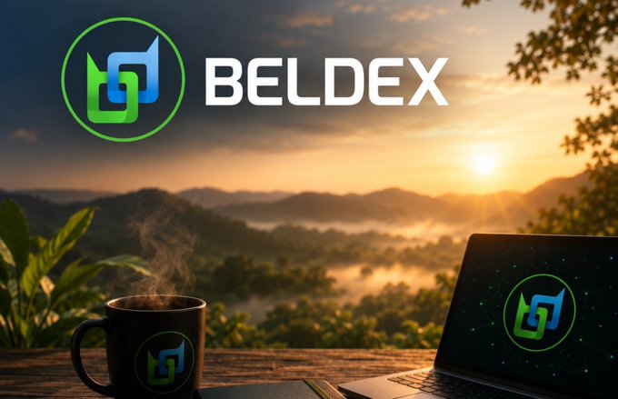 A promotional banner for 'BELDEX' featuring its green and blue logo, set against a scenic mountain sunrise with a coffee mug and laptop displaying the logo.