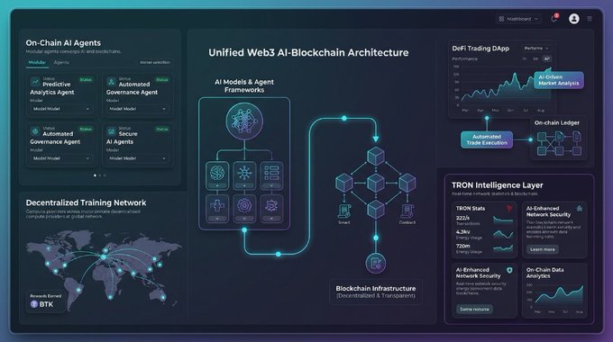 A dashboard titled "Unified Web3 AI-Blockchain Architecture" showing on-chain AI agents, decentralized training networks, a DeFi trading dApp, and TRON intelligence layer analytics.