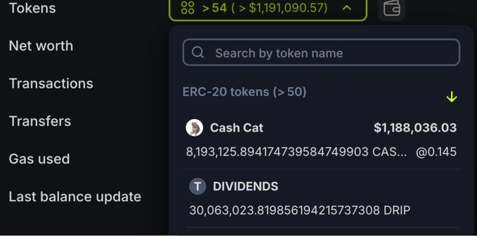 A screenshot of a crypto portfolio tracker showing an ERC-20 token balance display, highlighting "Cash Cat" valued at $1,188,036.03 (8,193,125.89 CAS tokens at @0.145) and a "DIVIDENDS" entry showing 30,063,023.81 DRIP tokens, supporting the post's claim about a top CASHCAT holder now investing in $DRIP.