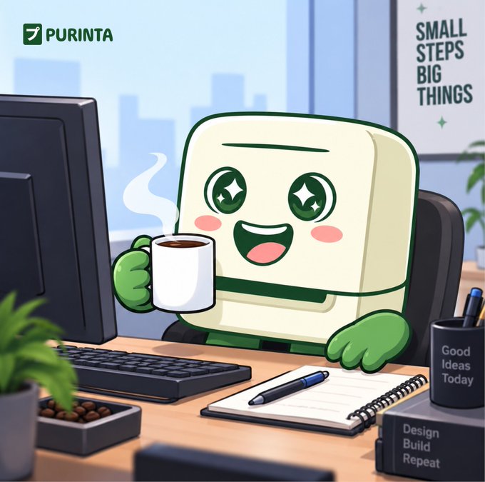 A cheerful, sparkly-eyed cartoon toaster named "PURINTA" sips coffee at a desk, surrounded by motivational signage reading "SMALL STEPS BIG THINGS," "Good Ideas Today," and "Design Build Repeat." The image playfully embodies the post's message of hands-off crypto wealth-building—your memecoins are doing the work while you relax, turning small steady efforts into big outcomes through Purinta's collateral-to-stablecoin platform at app.purinta.xyz.