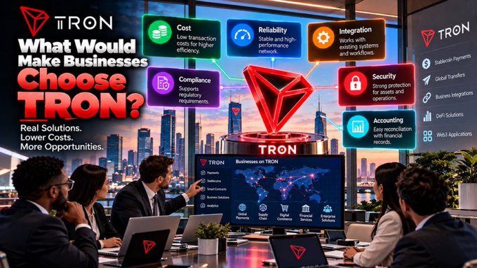 A promotional graphic for TRON asks 'What Would Make Businesses Choose TRON?' and lists benefits like Cost, Reliability, Integration, Compliance, Security, and Accounting around a central 3D TRON logo.