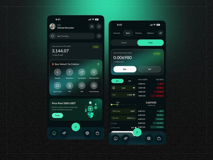 Two mobile screens of a crypto trading app displayed against a dark green background. The left screen shows a portfolio value of "3,144.07" for "Michael Alexander," featuring a search bar, market categories (Spot, Bybit Earn, Launchpad, etc.), and a "Price Pool 1000 USDT" promotional banner. The right screen displays a buy/sell interface for "DOGEUSDT" at "0.006980 USD," with order inputs, an order book showing prices like "0.007145" and "0.007295," and total USDT amounts. Both interfaces reflect the sleek, dark-themed UI typical of cryptocurrency trading and wallet applications.