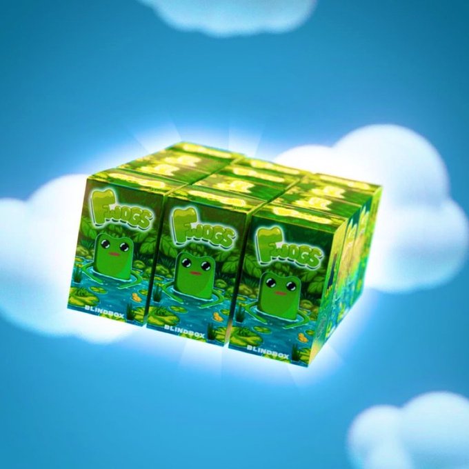 Three "Fwogs" BlindBox packages float among fluffy clouds against a blue sky, featuring a cute green frog character in a swamp setting, tying into the limited-time blind box drop promotion.