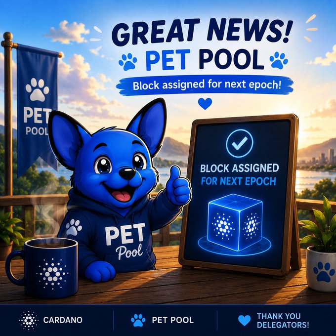 A promotional graphic announcing 'GREAT NEWS!' that Pet Pool has been assigned a block for the next epoch on the Cardano network, featuring a blue cartoon mascot giving a thumbs up next to a confirmation sign.