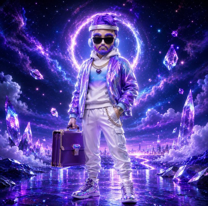 A vibrant digital artwork depicting a stylized character with purple hair, sunglasses, and an iridescent jacket standing in a cosmic purple landscape with crystals, holding a purple briefcase and wearing white pants with a gold chain.