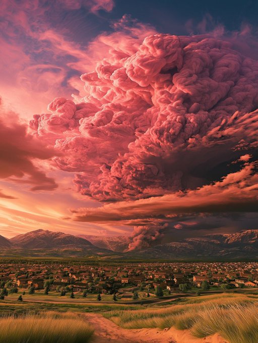 A dramatic landscape featuring a massive pink/coral-colored cloud formation towering over a small town with mountains in the background under a sunset sky.
