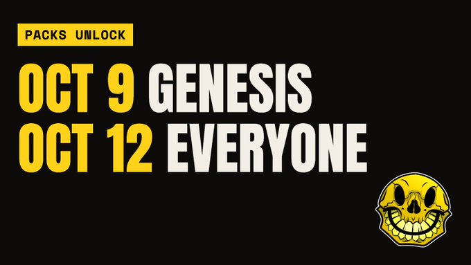 A black promotional graphic announcing 'PACKS UNLOCK OCT 9 GENESIS OCT 12 EVERYONE' in yellow and white text, accompanied by a yellow skull graphic.