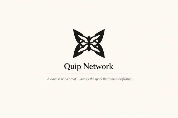 A minimalist logo design featuring a stylized butterfly icon with the text 'Quip Network' and the tagline 'A claim is not a proof — but it's the spark that starts verification.'