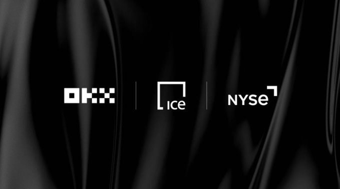 Three logos displayed on a black background: 'OKX', 'ICE', and 'NYSE'.