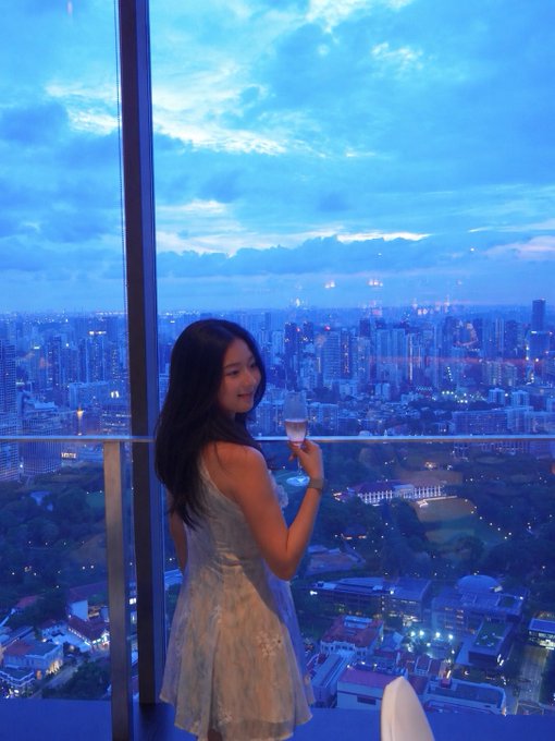 The image features a woman standing near a window, holding a glass of wine while looking out at the city view below her. The scene suggests that she might be enjoying a private dinner or a special occasion with friends or family. The photo also includes an AI caption about a person named Grant and another person named xxx, which could potentially be related to the woman's experience in the image.