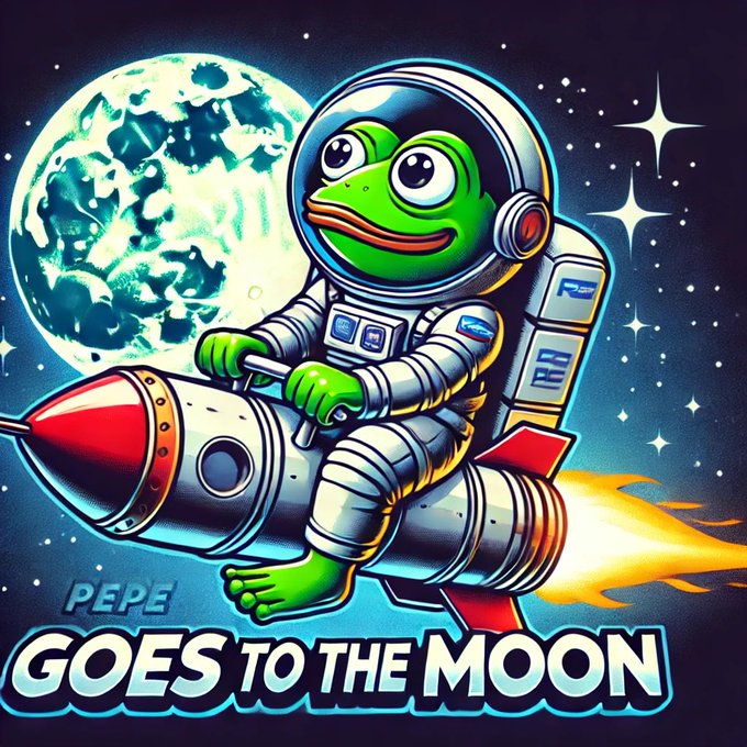 A neon-style digital illustration of the Pepe the Frog meme character in an astronaut suit riding a rocket through space with the moon behind him, captioned 'PEPE GOES TO THE MOON'.
