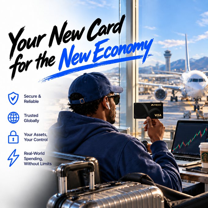 A man in a navy hoodie and cap holds up a MEXC Visa card while sitting at an airport terminal with a suitcase beside him and a stock chart visible on his laptop. Bold text reads "Your New Card for the New Economy," with bullet points highlighting security, global trust, asset control, and unlimited real-world spending—reinforcing the ad's message that MEXC Card lets users spend their crypto holdings seamlessly while traveling.