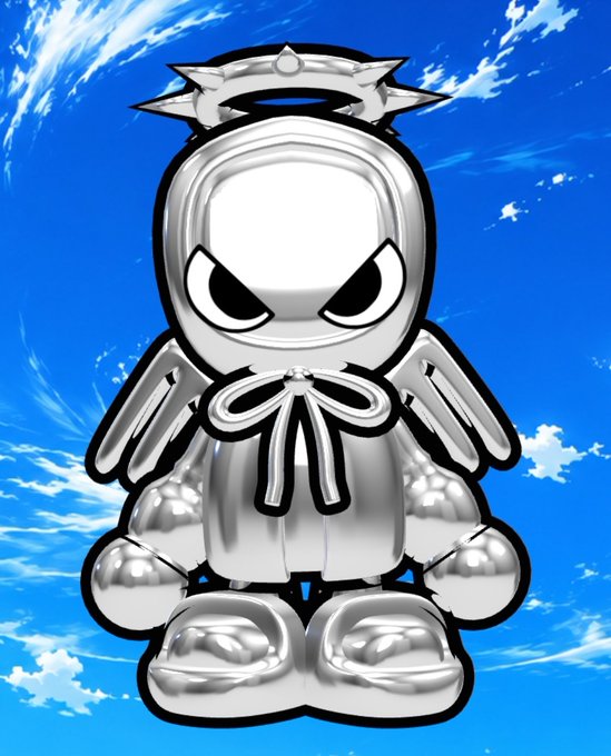 A 3D-rendered silver metallic cartoon character with an angry expression, spiked crown, and small wings sits against a bright blue sky background with white clouds.