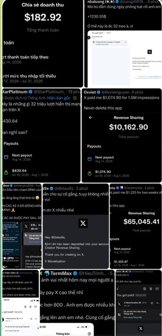 A collage of screenshots showing revenue sharing payouts, with notable figures including $182.92, $10,162.90, and $65,045.41 from platforms like X and StarPlatinum.