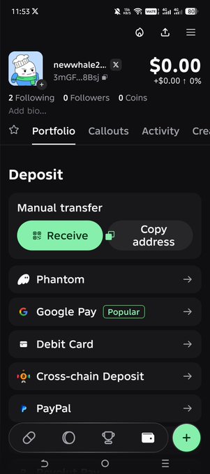 A mobile screenshot of a cryptocurrency portfolio/deposit screen showing a balance of '$0.00' for user 'newwhale2', with deposit options including Phantom, Google Pay (marked 'Popular'), Debit Card, Cross-chain Deposit, and PayPal.