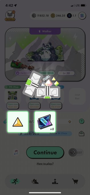 A mobile game screenshot showing a character named 'Worker' (a panda) with stats including 11852.18 currency, 346.35 gems, level 30, and a 'Continue' button at the bottom.