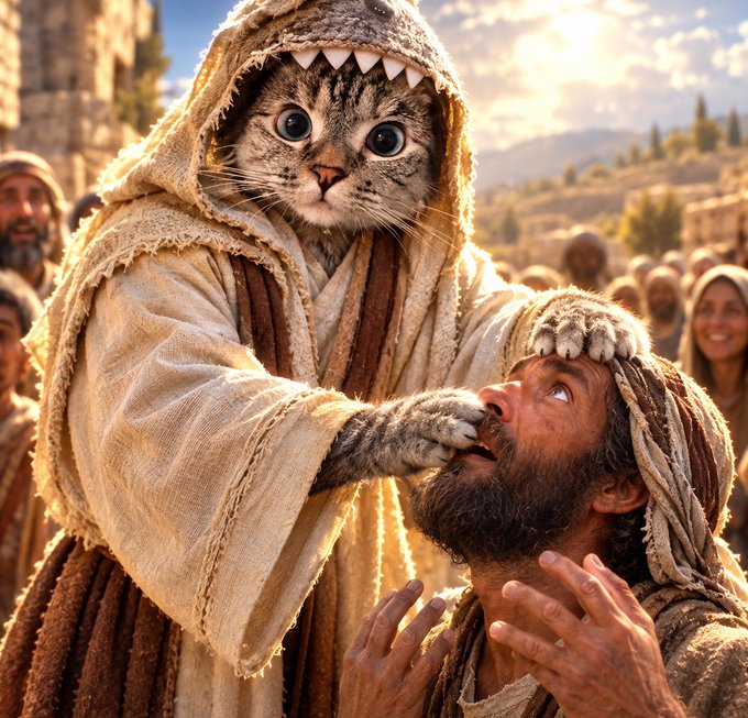 Surreal scene depicting a cat wearing a hooded robe with its paw on the chin of a bearded man in ancient-looking attire, set against a desert landscape with onlookers in the background.